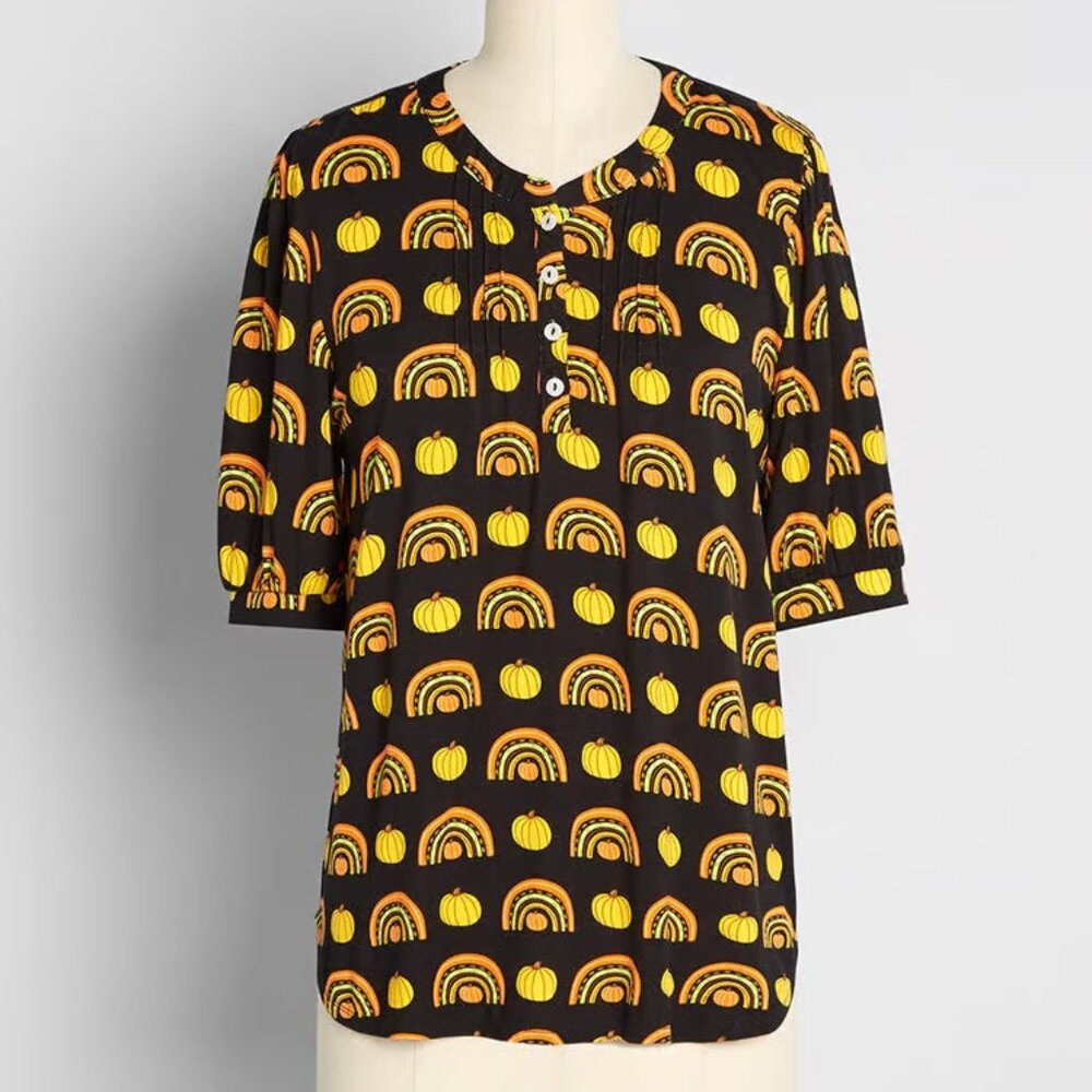 NWT Modcloth Winning Them Over Short Sleeve Top Black Pumpkin Size Medium M NEW